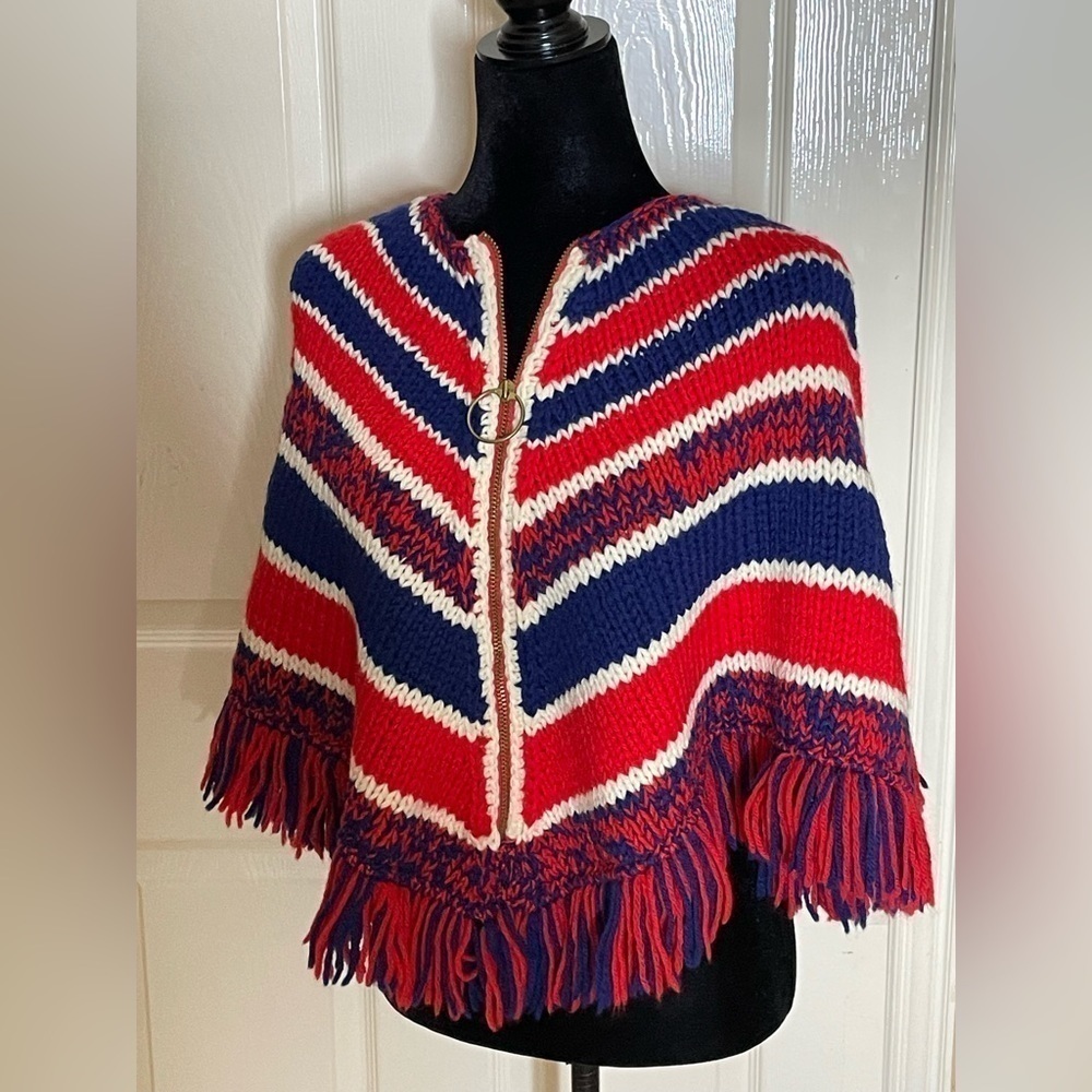 Handknitted Patchwork Wool Colorful Festival Boho Fringe Poncho Wrap - Picture 1 of 10